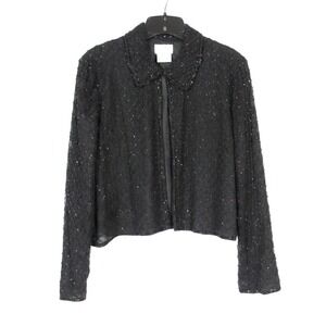 Vtg STANAY Black SILK Hook/Eye Shiny Beaded Cocktail Party Evening Jacket Sz XL